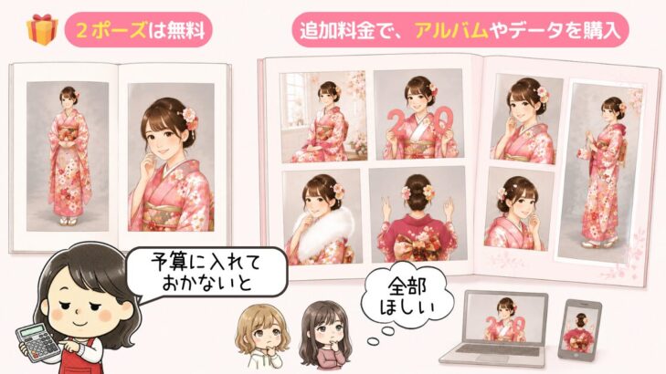 前撮りの仕組みの図解。2ポーズは無料、豪華なアルバムや全データは追加料金で購入