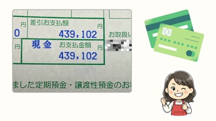 通帳に印字された振袖の支払額439,102円。取扱店部分はモザイク加工済み