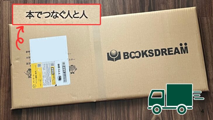 畳んだ状態で届いた無料段ボール。「本でつなぐ人と人」の文字