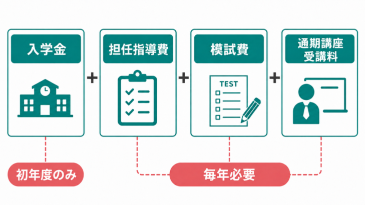 東進で1講座だけ受講する際にかかる費用の内訳。入学金・担任指導費・模試費・
通期講座受講料の4つが必要で、入学金は初年度のみ、担任指導費・模試費・
通期講座受講料は毎年かかることを示した図解