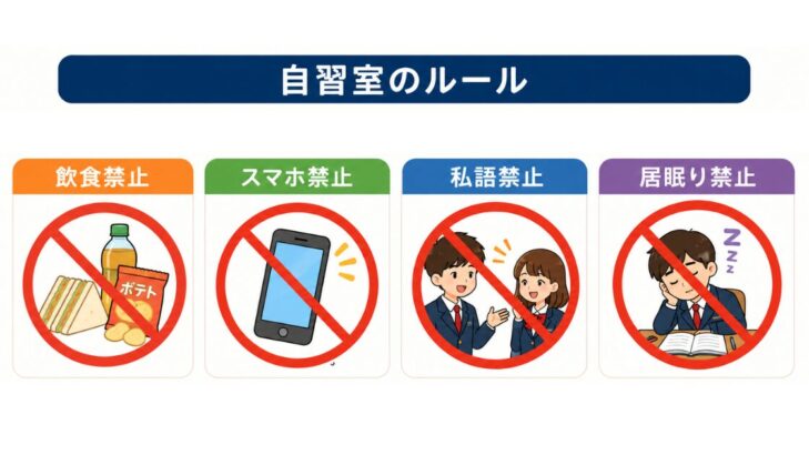 東進の自習室のルールを示したイラスト。飲食禁止・スマホ禁止・私語禁止・居眠り禁止の4つ
