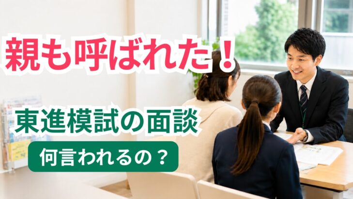 「親も呼ばれた！東進模試の面談、何言われるの？」と題した記事のアイキャッチ。校舎で親子がスタッフと面談している様子