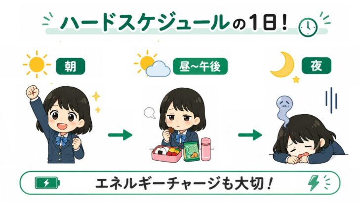 東進模試当日のハードスケジュールを表すイラスト。朝は元気いっぱい、昼はお弁当とおやつでエネルギーチャージ、夜はぐったり