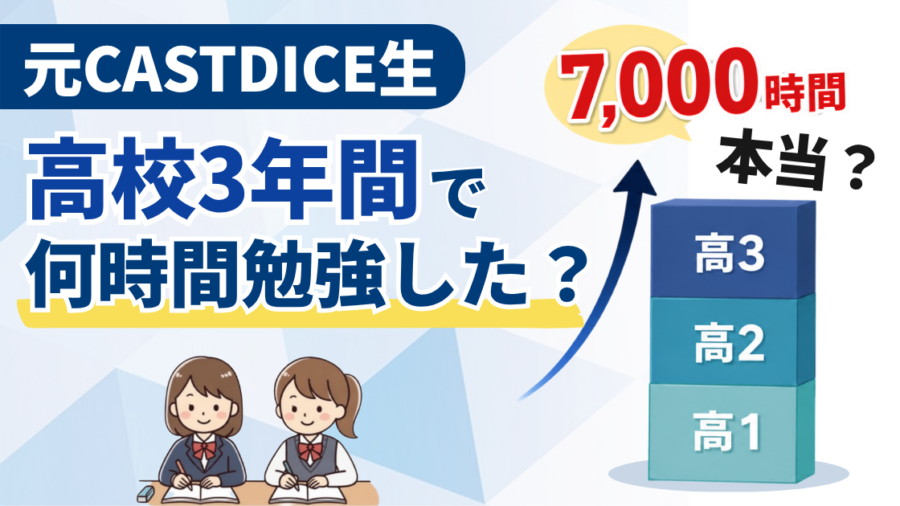 「元CASTDICE（キャストダイス）生 高校3年間で何時間勉強した？7,000時間本当？」の文字と、高1から高3まで積み上がるグラフと勉強する女子高生2人のイラスト