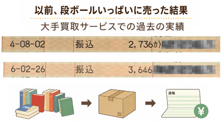 通帳に記録された過去の宅配買取の振込。段ボールいっぱい送って2,736円と3,646円