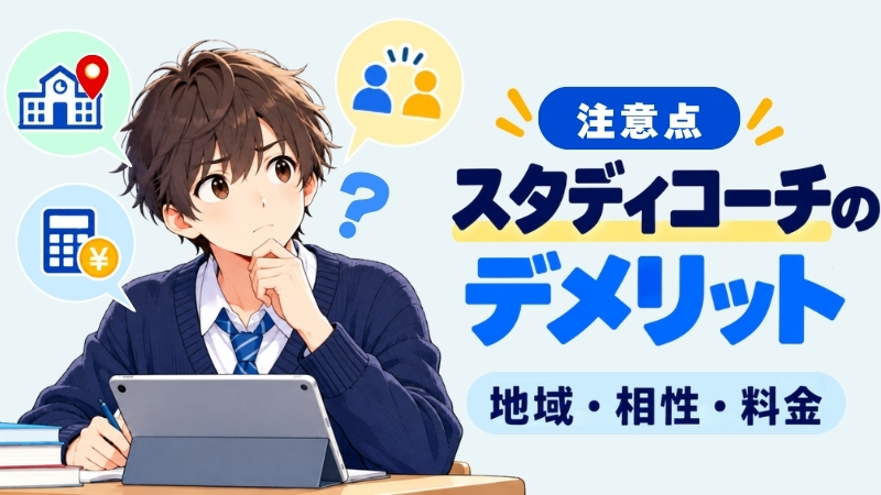 スタディコーチのデメリット3つ(通える地域・コーチとの相性・料金)を考える高校生のイラスト