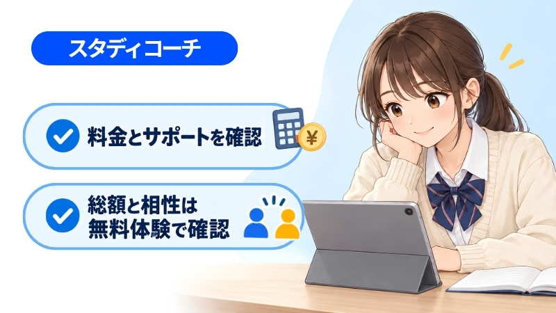 スタディコーチの料金とサポートを確認し、総額と相性は無料体験で確かめることを示したまとめのイラスト