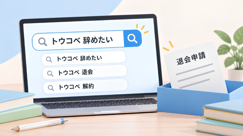 パソコンで「トウコベ 辞めたい」「退会」「解約」を検索している画面と退会申請の書類
