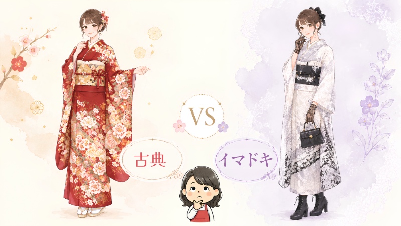 古典柄の赤い振袖と、レースやブーツを合わせたイマドキの白い振袖を比べたイラスト