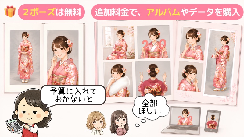 前撮りは2ポーズまで無料で、アルバムやデータは追加料金で購入する仕組みのイラスト