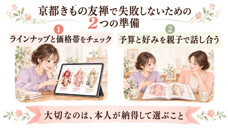 京都きもの友禅で失敗しないための2つの準備。ラインナップと価格帯をチェック、予算と好みを親子で話し合う