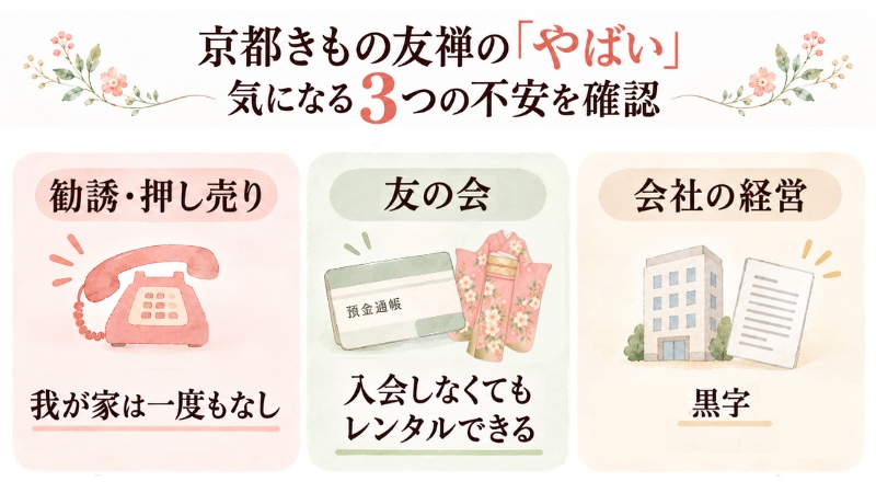 京都きもの友禅の「やばい」3つの不安を確認。勧誘・押し売りは一度もなし、友の会は入会しなくてもレンタルできる、会社の経営は黒字